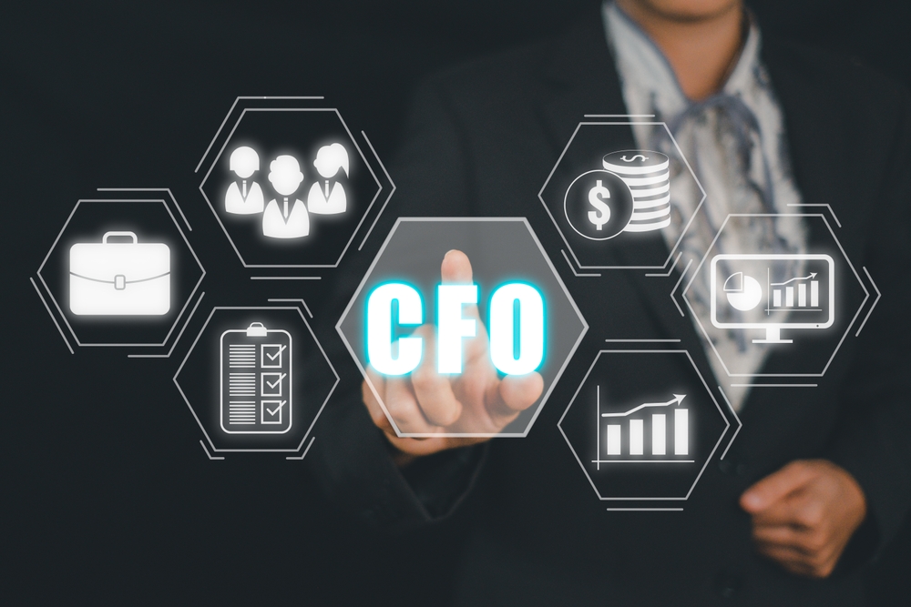CFO , Chief Financial Officer business concept, Business woman hand touching cfo icon on virtual screen