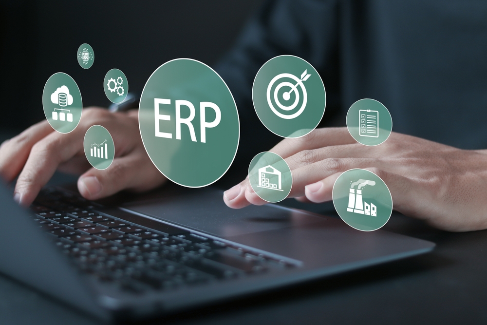 ERP enterprise resource and planning concept. Software system that helps organizations streamline their business processes